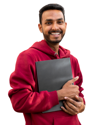 Smiling male student in a red hoodie holding a black folder